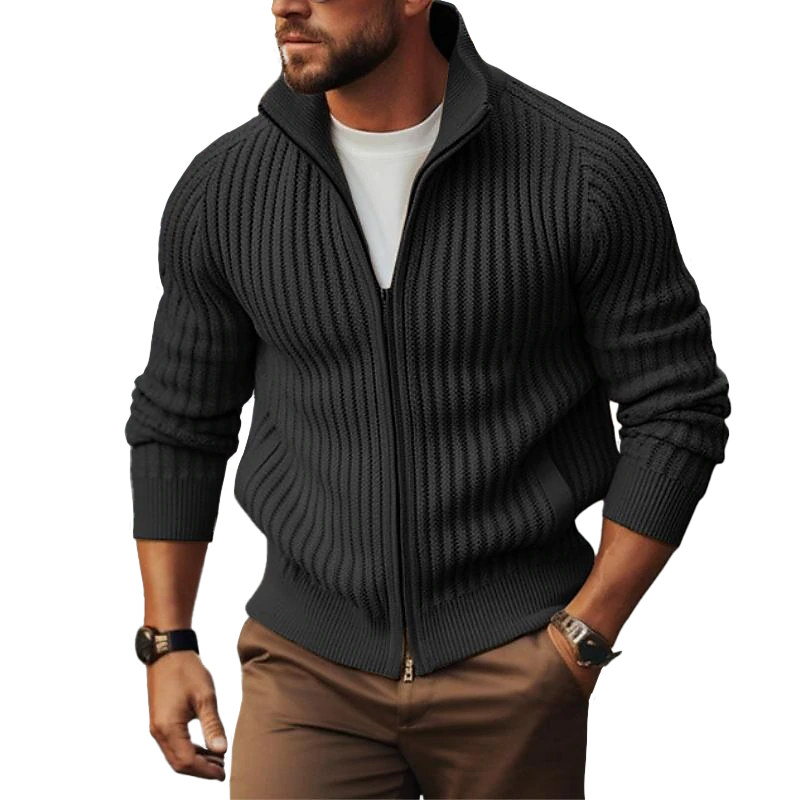 Herren Strickjacke Reißverschluss Stehkragen Ripp-Design