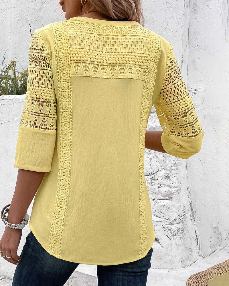 Damen Leinenbluse Gelb Spitzen-Details 3/4-Ärmel