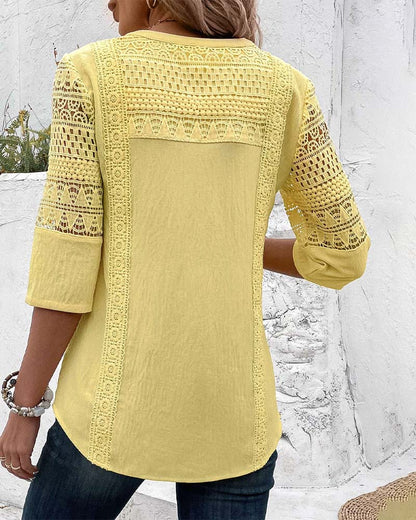 Damen Leinenbluse Gelb Spitzen-Details 3/4-Ärmel