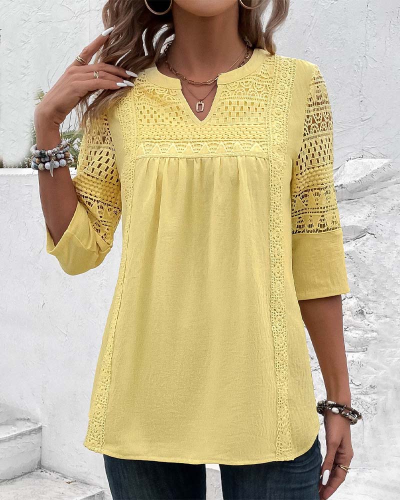 Damen Leinenbluse Gelb Spitzen-Details 3/4-Ärmel