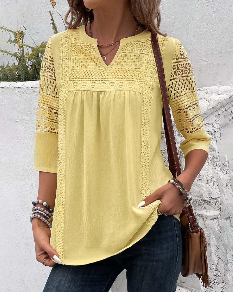 Damen Leinenbluse Gelb Spitzen-Details 3/4-Ärmel