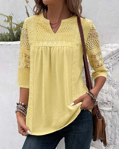 Damen Leinenbluse Gelb Spitzen-Details 3/4-Ärmel