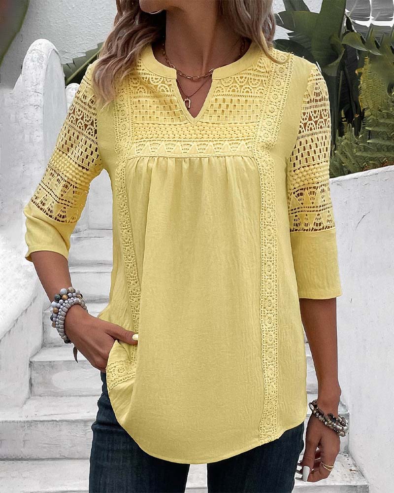 Damen Leinenbluse Gelb Spitzen-Details 3/4-Ärmel - Norvielle