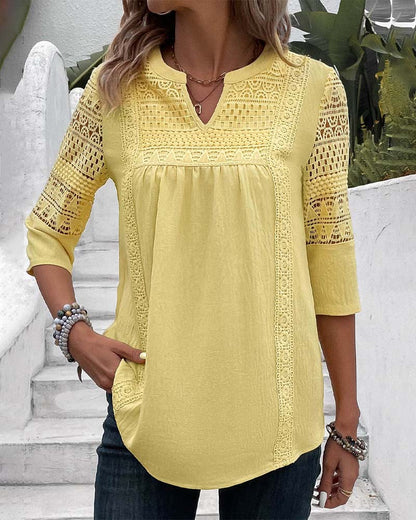 Damen Leinenbluse Gelb Spitzen-Details 3/4-Ärmel - Norvielle