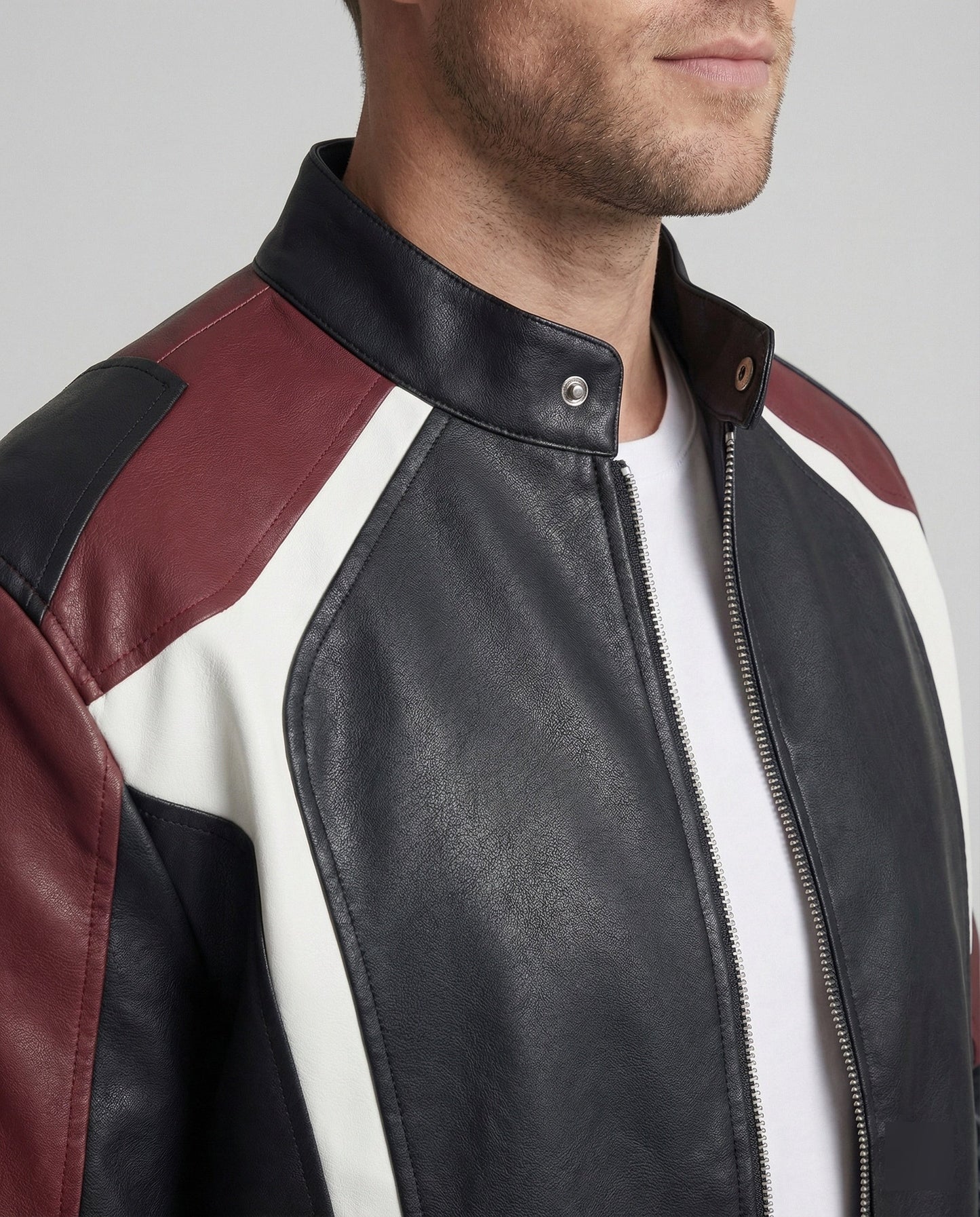 Herren Lederjacke Stehkragen Panelleder