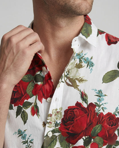 Herren Kurzarmhemd Blumenmuster Leinenoptik