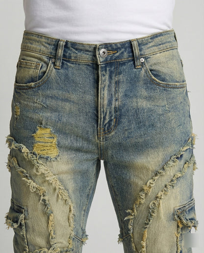 Herren Destroyed Jeans Cargotaschen Dunkelblau