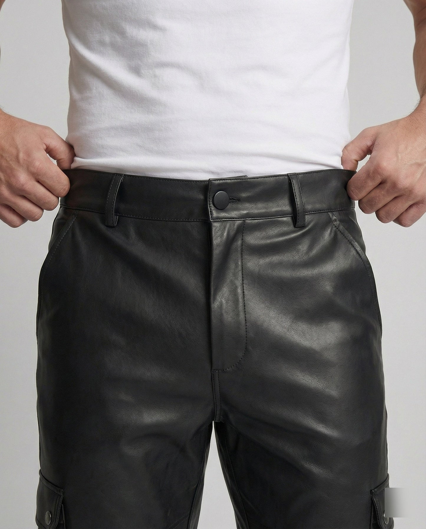 Herren Cargo-Hose Kunstleder Mit Seitentaschen