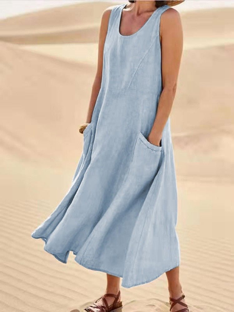 Damen Sommerkleid Leicht Mit Taschen Beige