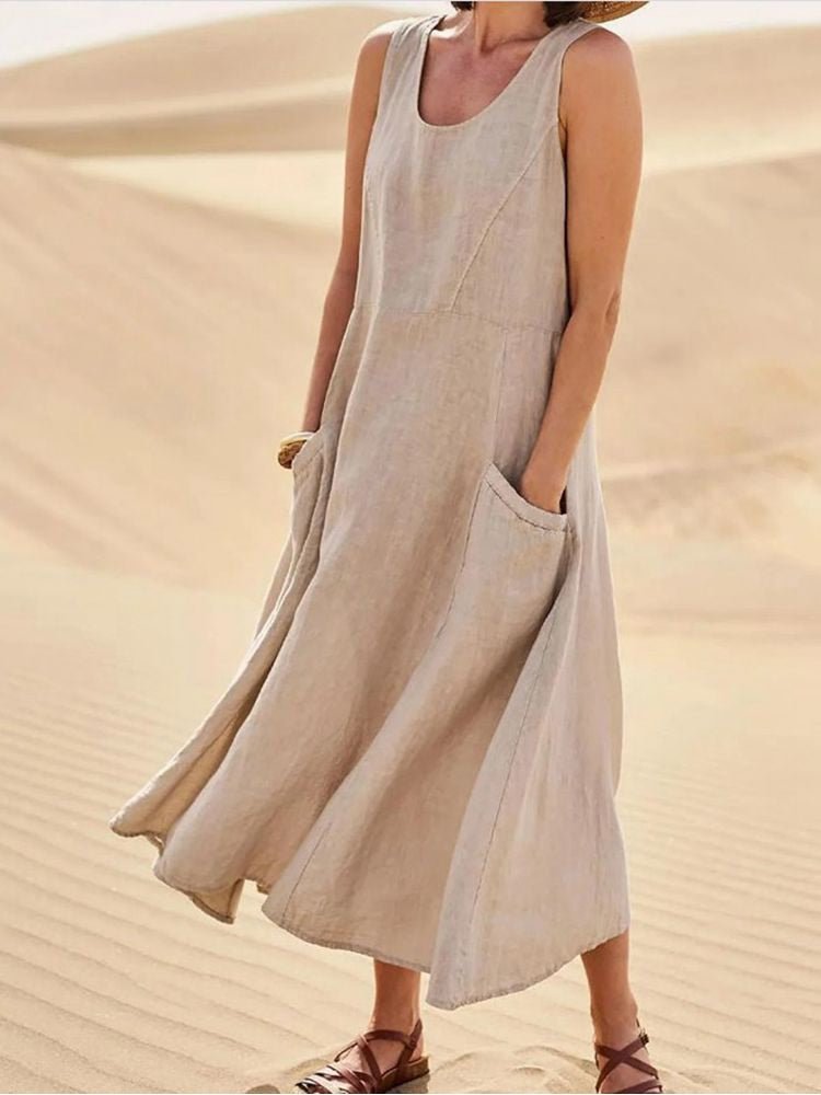 Damen Sommerkleid Leicht Mit Taschen Beige - Norvielle