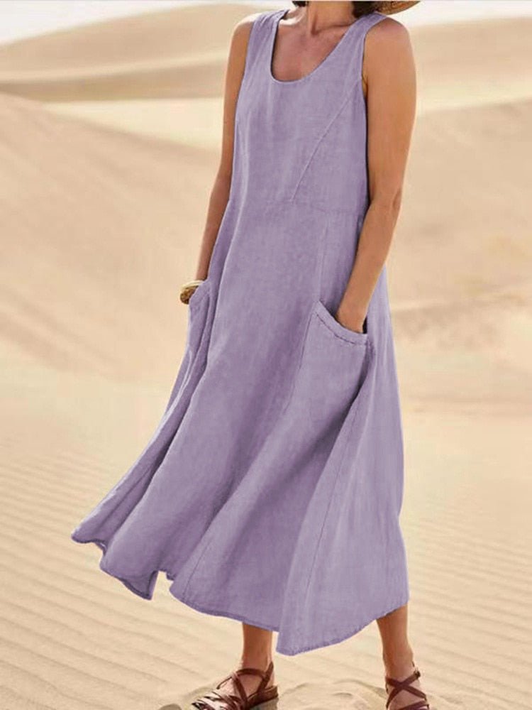 Damen Sommerkleid Leicht Mit Taschen Beige