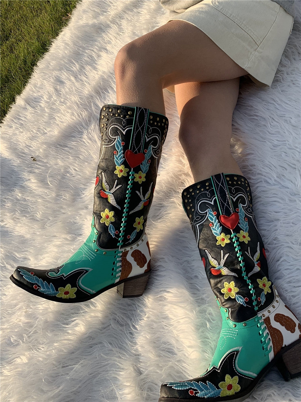 Damen Cowboy-Stiefel Bestickt Blumenmuster
