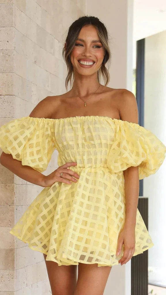Gelbes Minikleid Damen Schulterfrei Puffärmel Karomuster - Norvielle