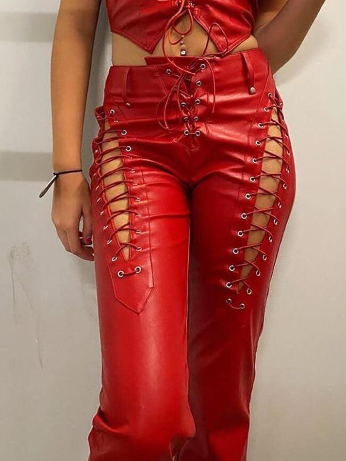 Damen PU-Hose Cutout Schnürung