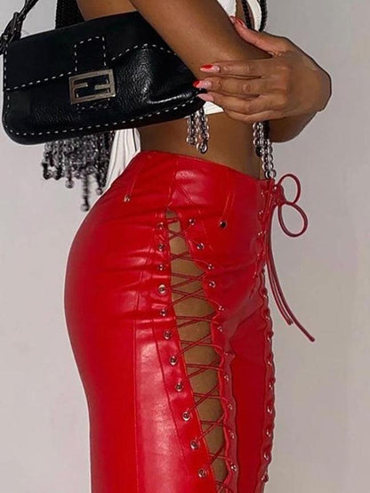 Damen PU-Hose Cutout Schnürung