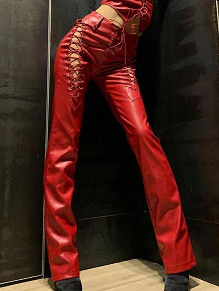 Damen PU-Hose Cutout Schnürung