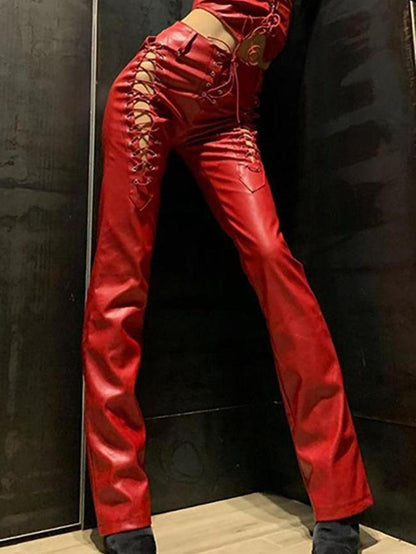 Damen PU-Hose Cutout Schnürung