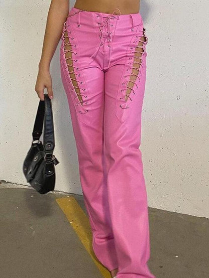 Damen PU-Hose Cutout Schnürung