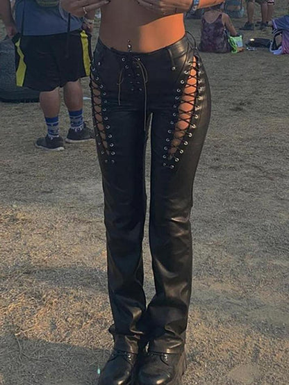 Damen PU-Hose Cutout Schnürung