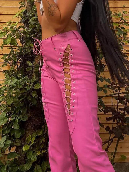 Damen PU-Hose Cutout Schnürung