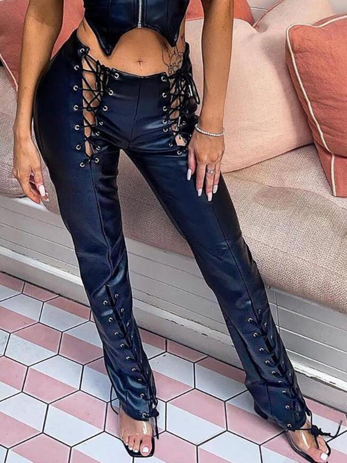 Damen PU-Hose Cutout Schnürung