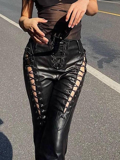 Damen PU-Hose Cutout Schnürung