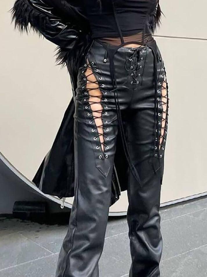 Damen PU-Hose Cutout Schnürung