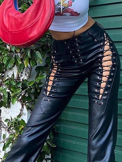 Damen PU-Hose Cutout Schnürung