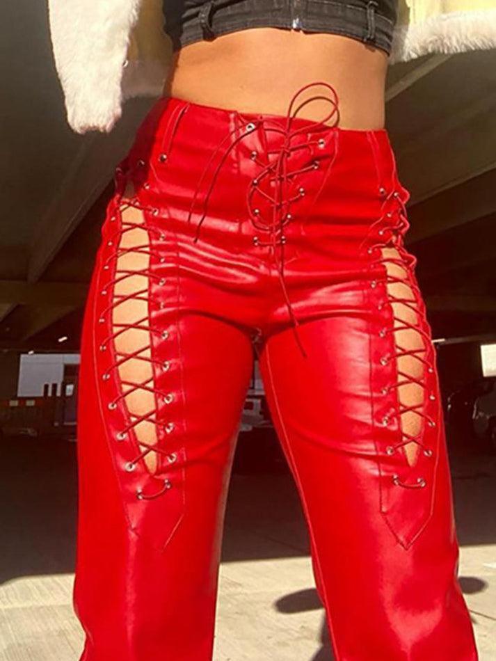 Damen PU-Hose Cutout Schnürung