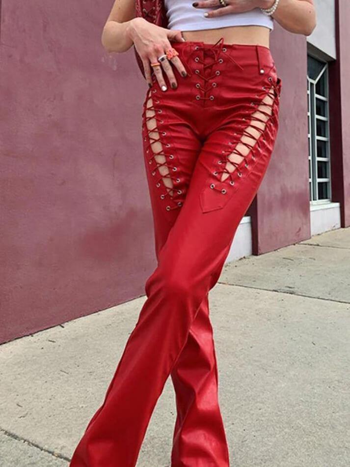 Damen PU-Hose Cutout Schnürung