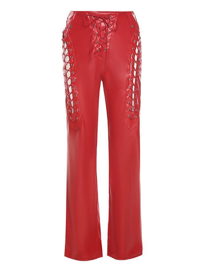 Damen PU-Hose Cutout Schnürung Schwarz - Norvielle