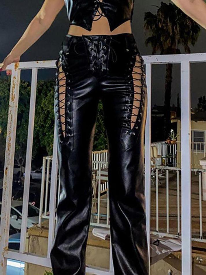 Damen PU-Hose Cutout Schnürung