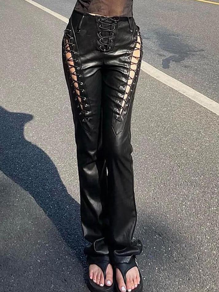 Damen PU-Hose Cutout Schnürung
