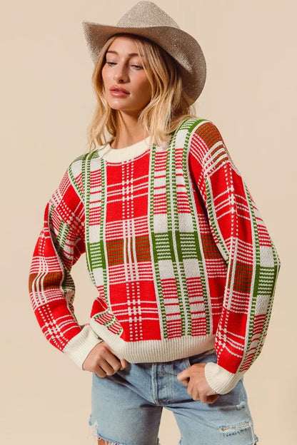 Weihnachtspullover Damen Karierter Rot Grün Rundhals