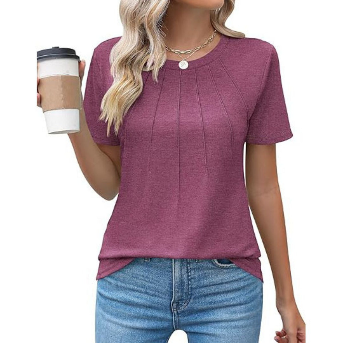 Damen Plissee-T-Shirt Rundhalsausschnitt