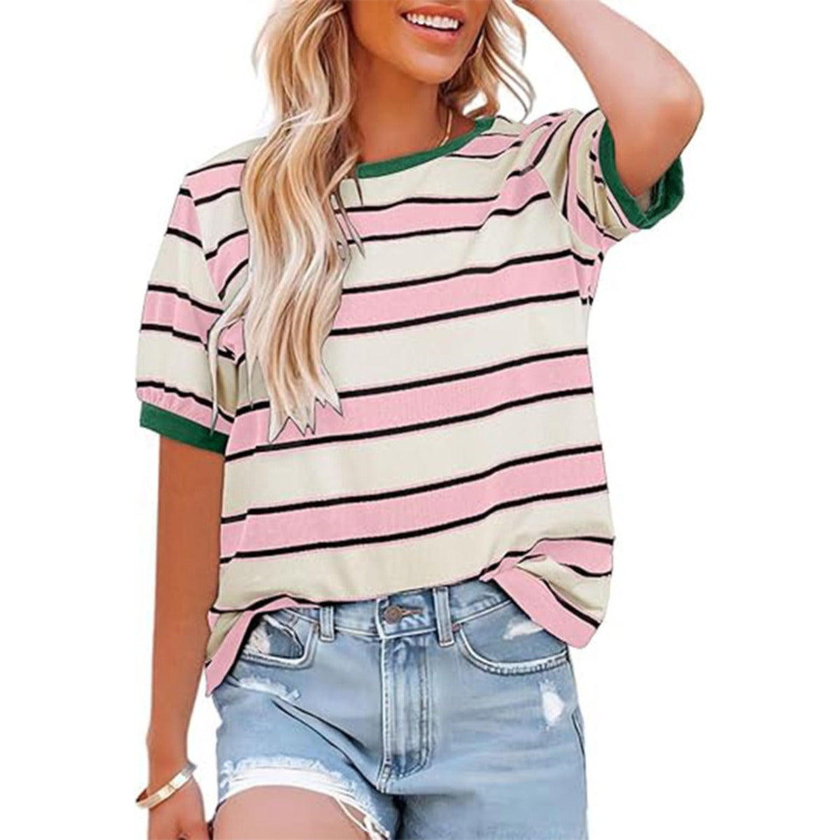 Damen Gestreiftes T-Shirt Rundhalsausschnitt Baumwolle