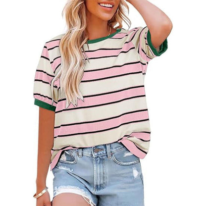Damen Gestreiftes T-Shirt Rundhalsausschnitt Baumwolle