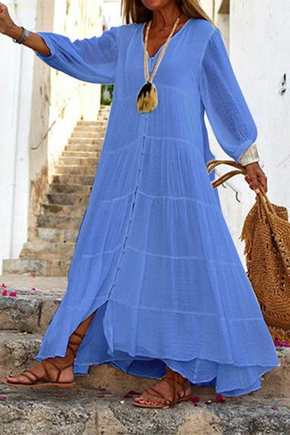 Norvielle Damen Maxikleid Baumwolle Knopfleiste Stufen-Design