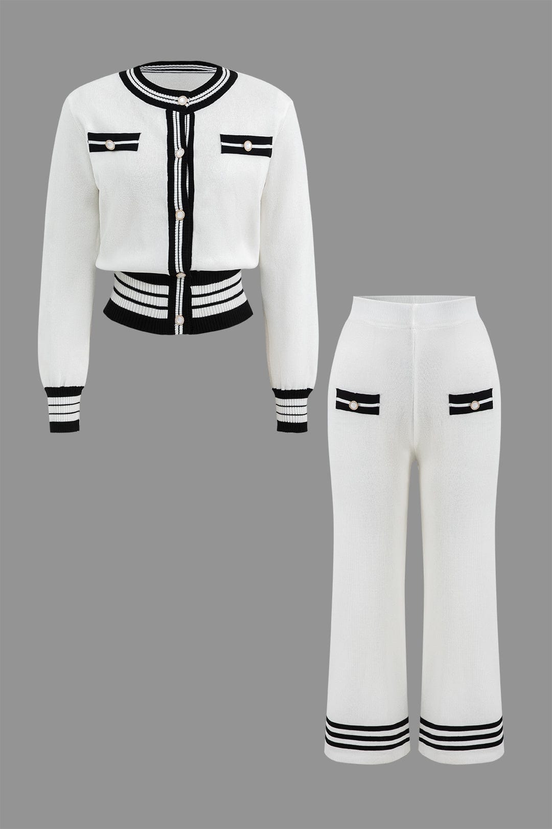 Ariella Damen Strick Zweiteiler Set Cropped Cardigan Weitbein Hose