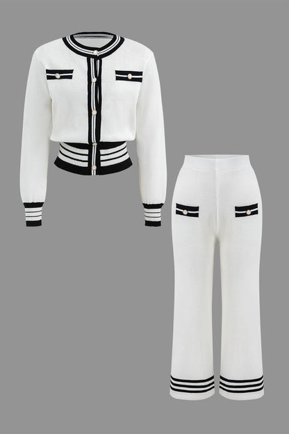 Ariella Damen Strick Zweiteiler Set Cropped Cardigan Weitbein Hose