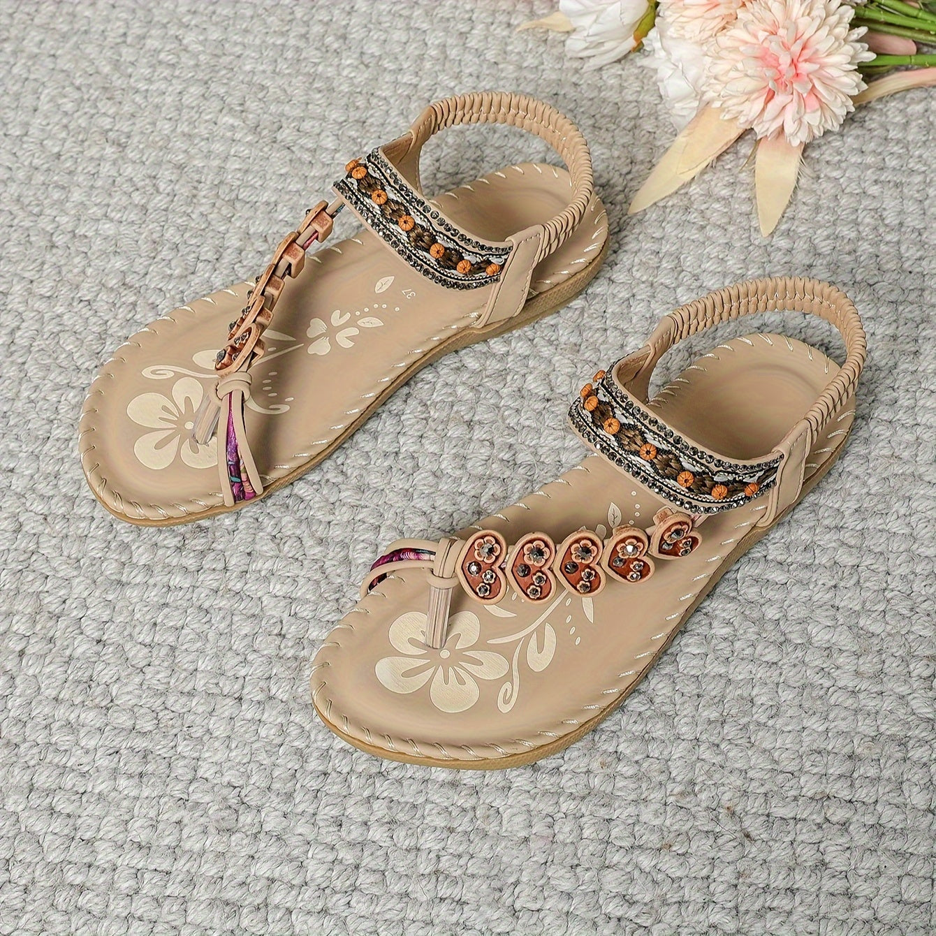 Damen Flache Sommer Schuhe Blumenmuster Riemen