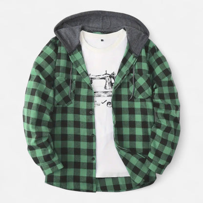 Herren Karo-Hoodie mit Knöpfen und Kordelzug