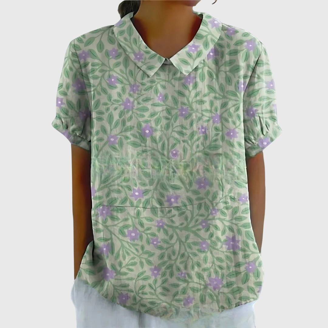 Damen Blume Bluse Kurzarm mit Kragen