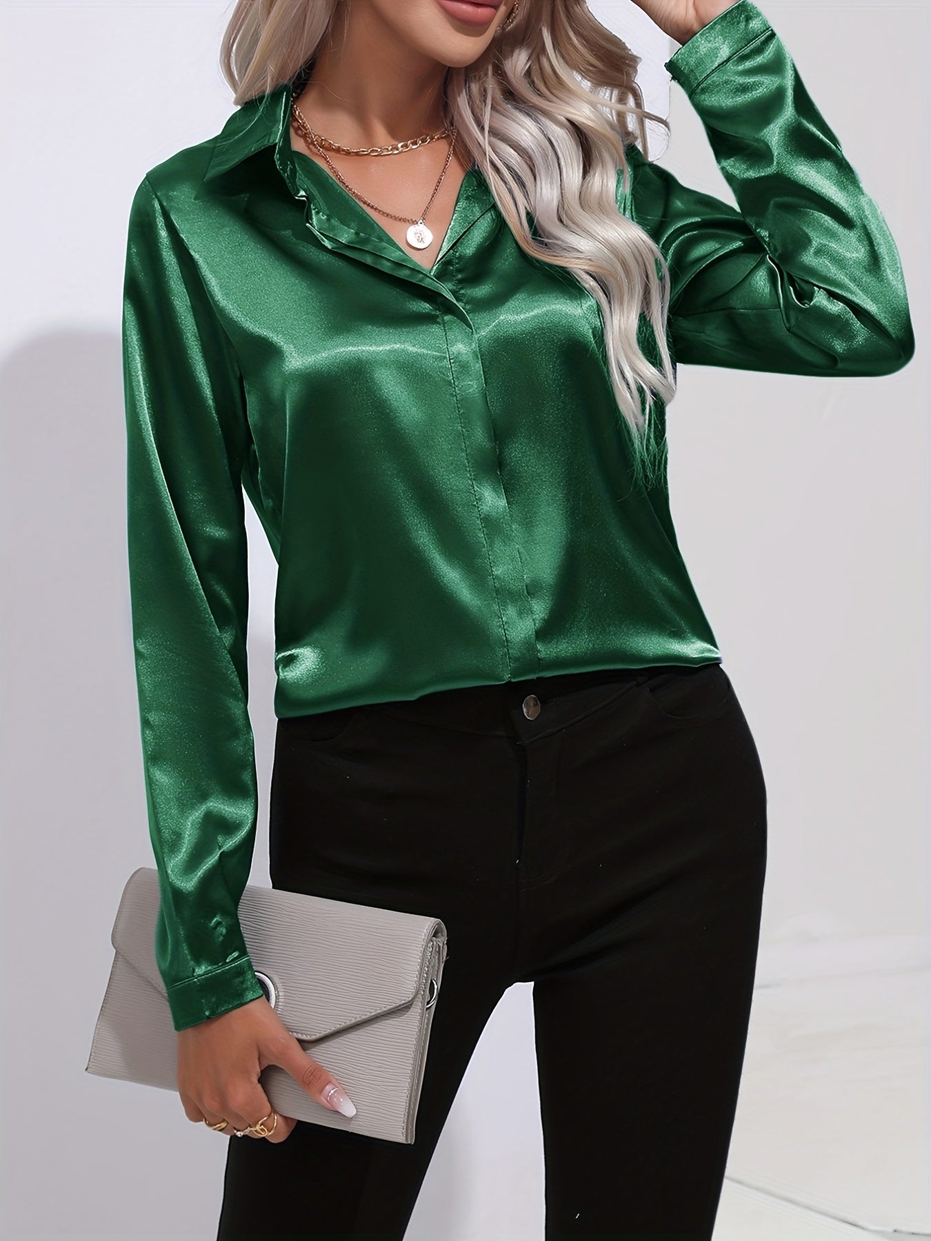 Avelyn Damen Satin-Bluse Reverskragen Knopfleiste Eleganz