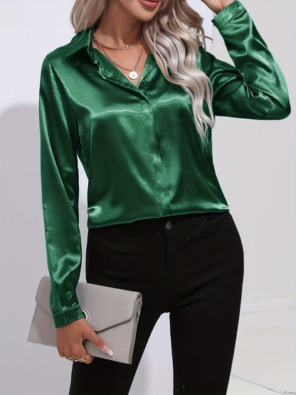 Avelyn Damen Satin-Bluse Reverskragen Knopfleiste Eleganz