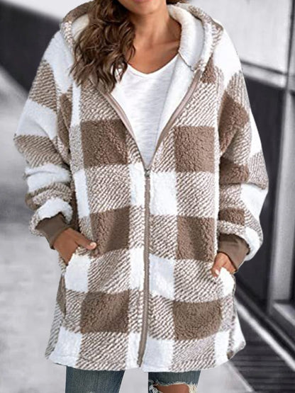 Damen Karierte Fleece Kapuzenjacke Weich weiß