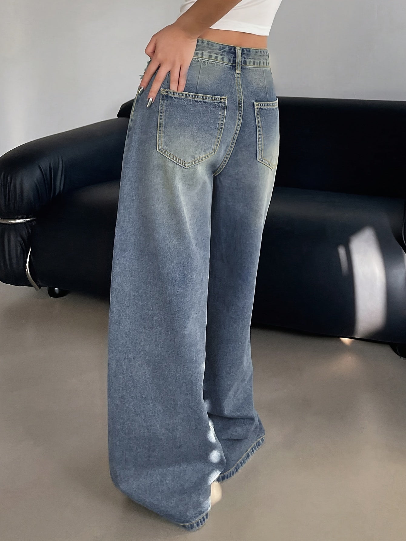 Damen Baggy Jeans Weite High Waist Gerades Bein