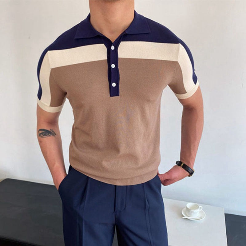 Herren Polo-Shirt Color-Block Knopf Baumwolle Weiß-Schwarz - Norvielle