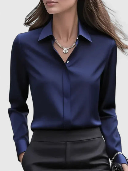 Damen Satin Bluse Mit Knopfleiste Weiß