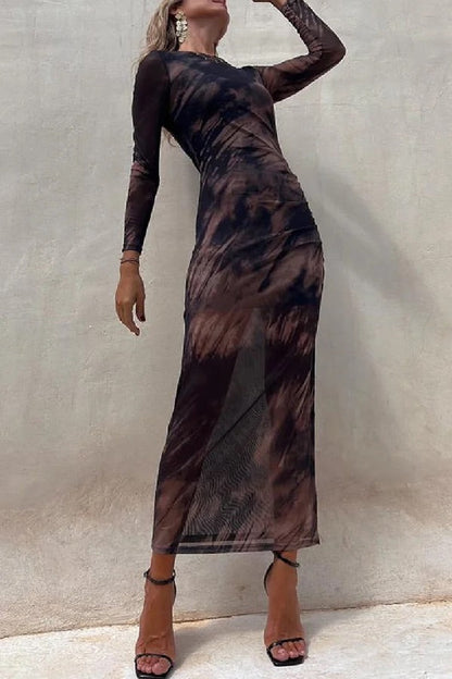 Damen Langarm Midi Kleid aus Stretch mit Rüsch und Mesh-Überzug,